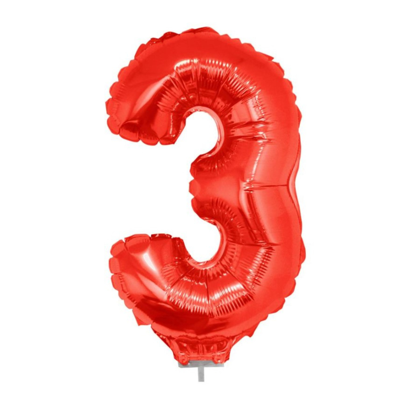 Folie ballon drie rood op stok 45cm