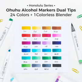 Ohuhu Honolulu 24 kleuren Alcohol Art Markers Brush & Chisel in zwart etui