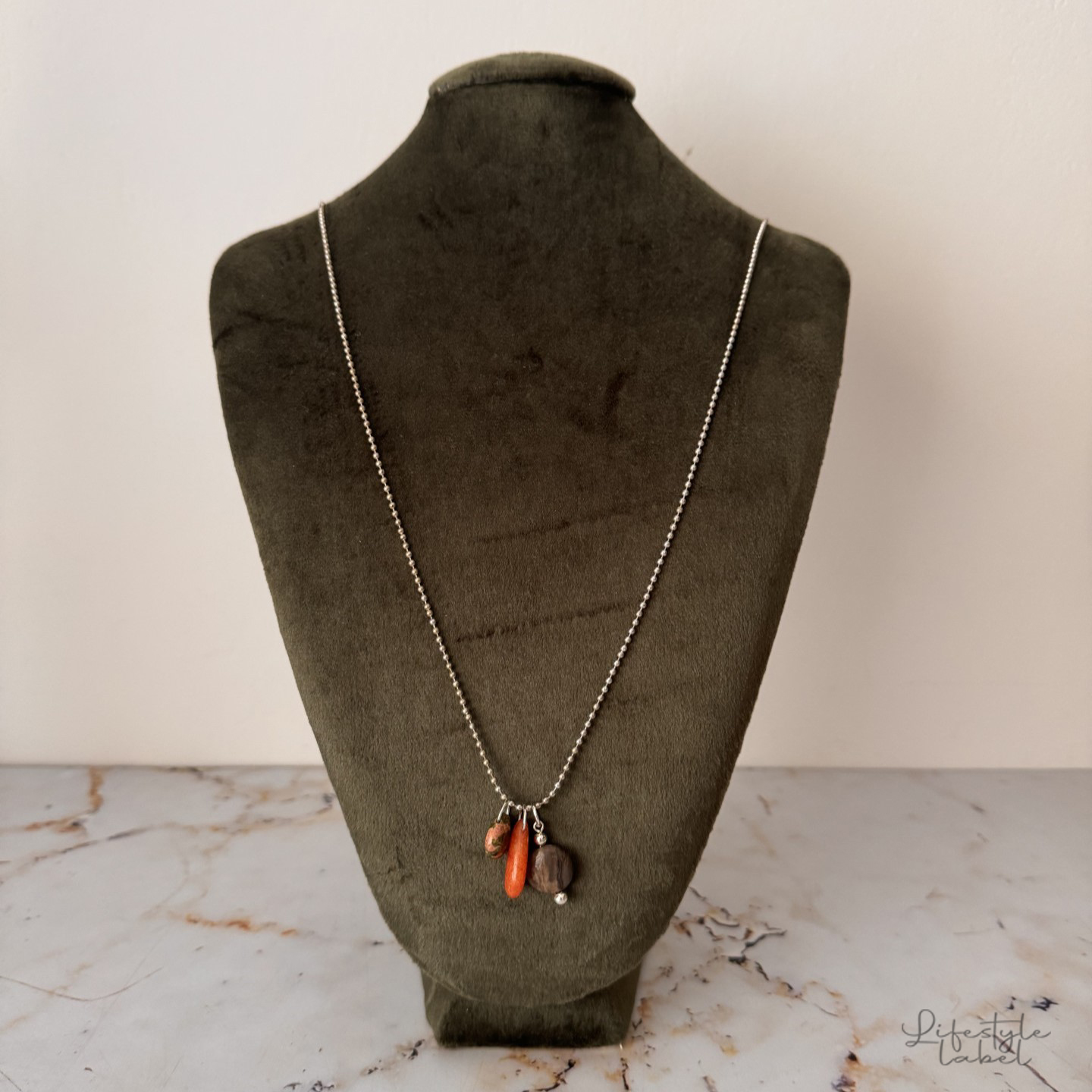 Ketting zilver lang oranje/groen
