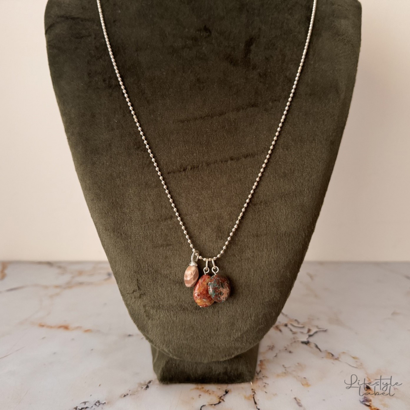 Ketting zilver lang aqua/nude