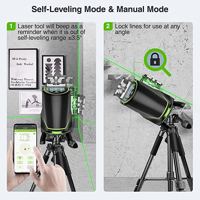 Huepar 12 Lines 3D Self-Leveling Laser Level with LCD Screen 3x360  Bluetooth Connected Green Beam Cross Line Level Tool -360  Horizontal/Vertical Laser
