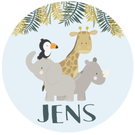 Geboortesticker full colour met  een jungle dierengroep  type Jens