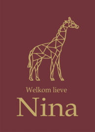 Geboortebord - Geboortebord rood / aubergine kleur met giraf type Nina