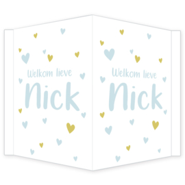 Geboortebord - Geboortebord raam met lichtblauwe en goudkleurige hartjes type Nick