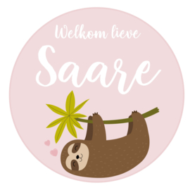 Geboortesticker full colour met leuke luiaard type Saare