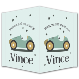 Geboortebord jongen - Geboortebord raam met een stoere auto en sterretjes type Vince.