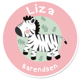 Naamstickers rond met een super leuke zebra