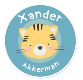 Naamstickers rond met een tijgertje