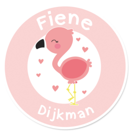 Naamstickers rond met een leuke flamingo