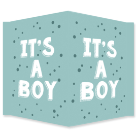 Geboortebord blauw met stippen en de tekst 'it's a boy'.