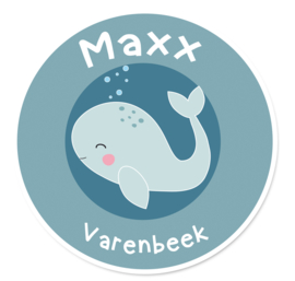 Naamstickers rond met een walvis