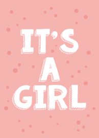 Geboortebord raam met leuke stippen en de tekst 'it's a girl'.