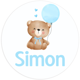 Geboortesticker jongen met een beertje lichtblauwe ballon type Simon