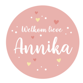 Geboortesticker full colour meisje met leuke stipjes en hartjes type Annika