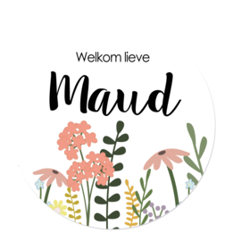 Geboortesticker rond wit met leuke bloemen type Maud