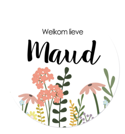 Geboortesticker rond wit met bloemen diverse kleurtjes type Maud