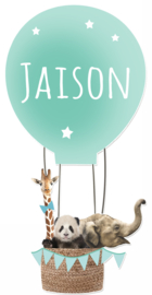 Geboortesticker full colour met mooie dieren in een luchtballon type Jaison