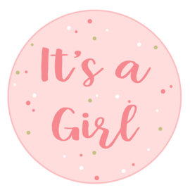 Geboortesticker meisje full colour roze met de tekst 'it's a girl'.