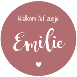 Geboortesticker full colour met de tekst 'welkom lief zusje' aubergine kleur met hartje type Emilie