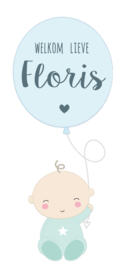Geboortesticker baby met ballon en de tekst "welkom lieve" full colour type Floris.