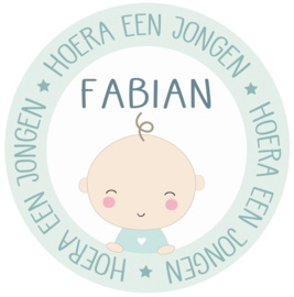 Geboortesticker full colour met een lieve baby type Fabian