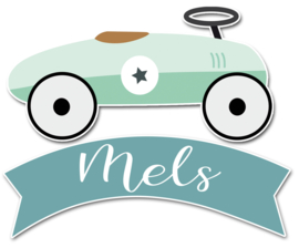 Geboortesticker full colour met loopauto type Mels