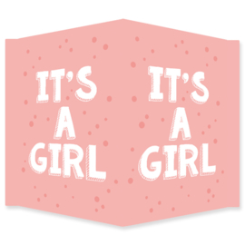 Geboortebord raam met leuke stippen en de tekst 'it's a girl'.