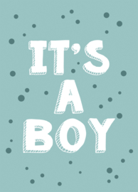 Geboortebord blauw met stippen en de tekst 'it's a boy'.
