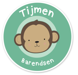 Naamstickers rond met een schattig aapje type Tijmen