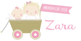 Geboortesticker grote zus en de tekst "welkom lief zusje" full colour type Zara