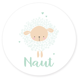 Geboortesticker rond full colour rond met een schattig schaapje type Naut