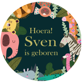 Geboortesticker full colour met schattige  jungle dieren type Sven
