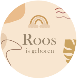 Geboortesticker full colour met een regenboog en mooie aardetinten type Roos