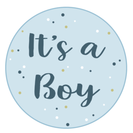 Geboortesticker full colour babyblauw met de tekst 'it's a boy'.