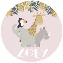 Geboortesticker meisje met leuke jungle dieren full colour type Zoey