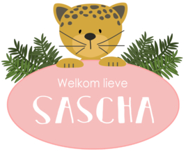 Geboortesticker full colour met een leuke jaguar type Sascha