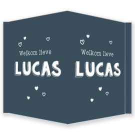 Geboortebord jongen- Geboortebord raam blauw met verschillende hartjes type Lucas