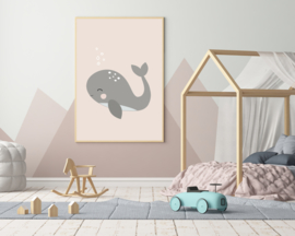 Poster oud roze met een walvis - poster babykamer of kinderkamer
