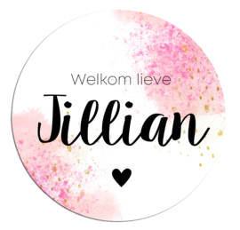 Geboortesticker full colour roze en gouden verfspetters type Jillian