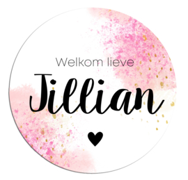 Geboortesticker full colour met leuke roze en gouden verfspetters type Jillian