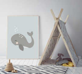 Poster grijsblauw met een walvis - poster babykamer of kinderkamer