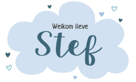 Geboortesticker full colour met een wolkje en hartjes type Stef