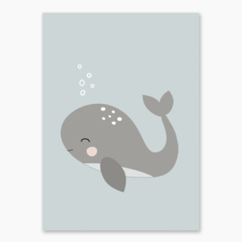 Poster grijsblauw met een walvis - poster babykamer of kinderkamer
