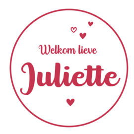 Geboortesticker full colour wit met leuke hartjes en de tekst 'welkom lieve' type Juliette