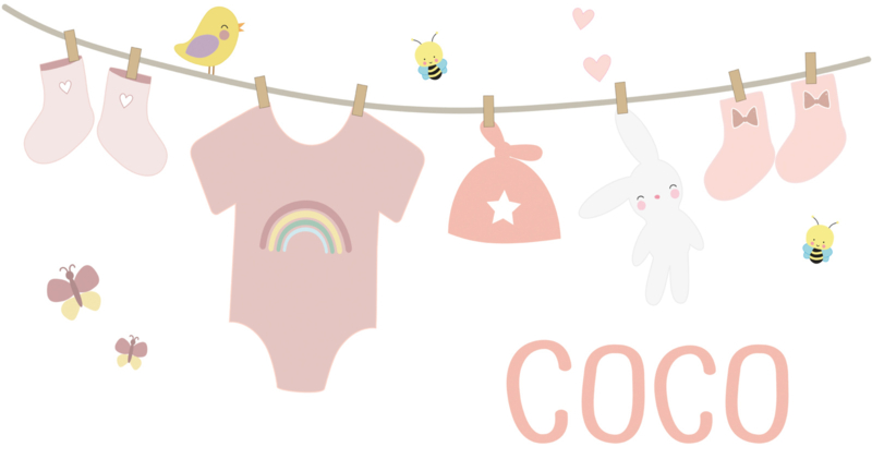 Geboortesticker full colour met een schattige waslijn en babyspulletjes type Coco