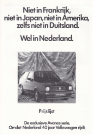 Avance series pricelist brochure, 6 pages,  A4-size, Dutch language, 04/1987