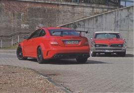 C 63 & Pontiac GTO, A6-size postcard, Mercedes-Fan World # 02/2013, German