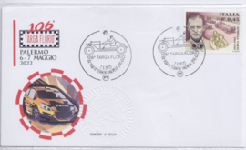 Targa Florio # 105 2022, folder with 2 stamped postcards and a first day cover envelope, complete set