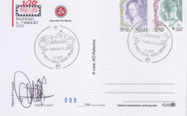 Targa Florio # 105 2022, folder with 2 stamped postcards and a first day cover envelope, complete set