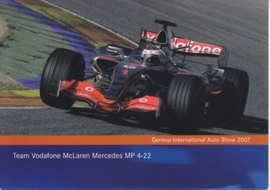 McLaren Mercedes MP 4-22 team Vodafone F1 racecar, A6-size postcard, Geneva 2007